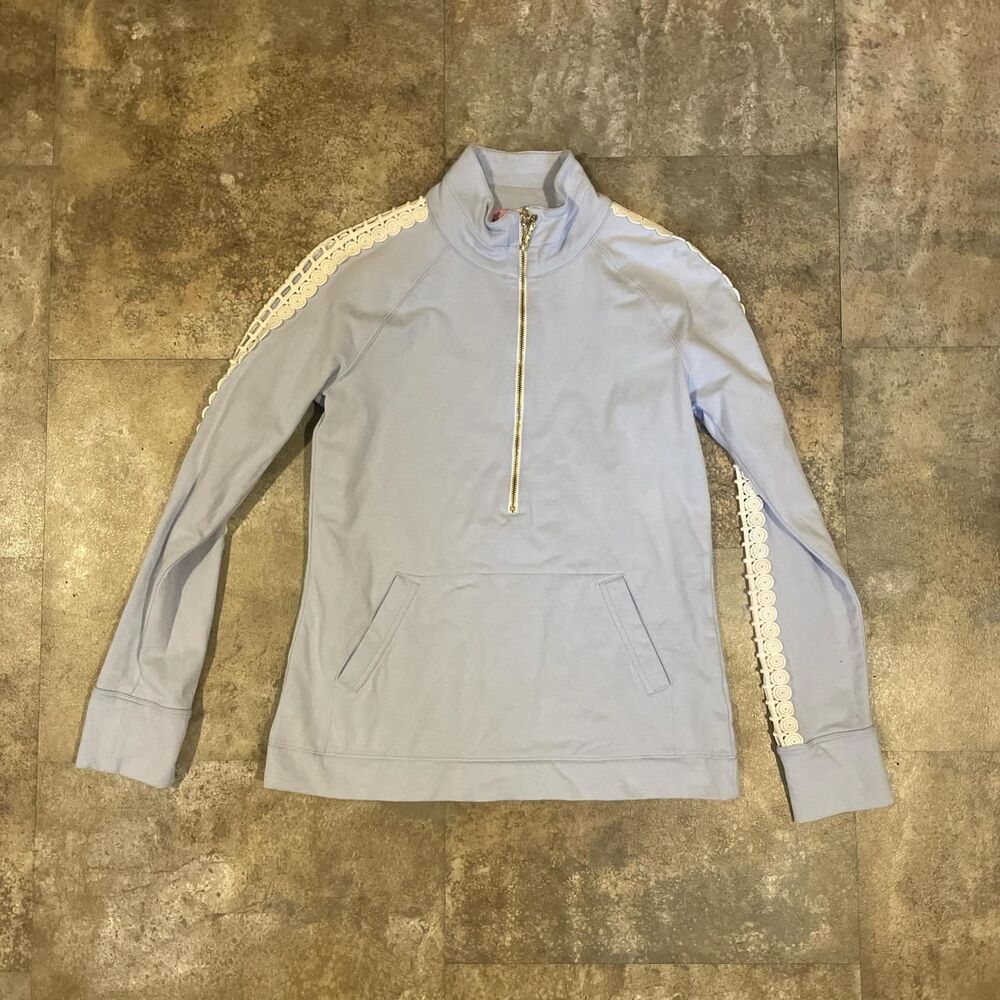 lilly pulitzer light blue preppy boho crochet long sleeve quarter zip size xs